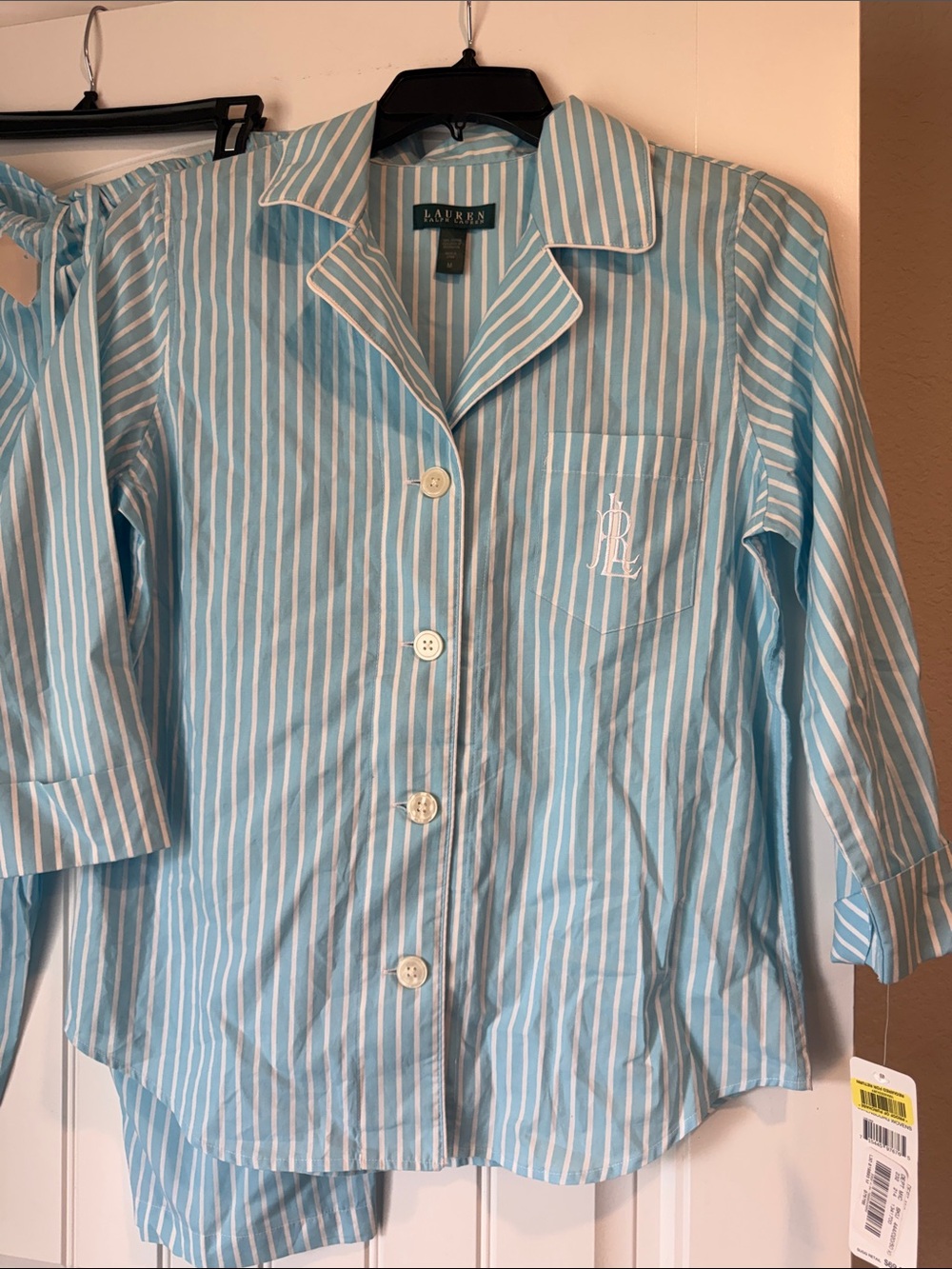 Lauren Ralph Lauren Striped 100% Cotton Pajama Set Capri Blue Medium - Picture 3 of 12